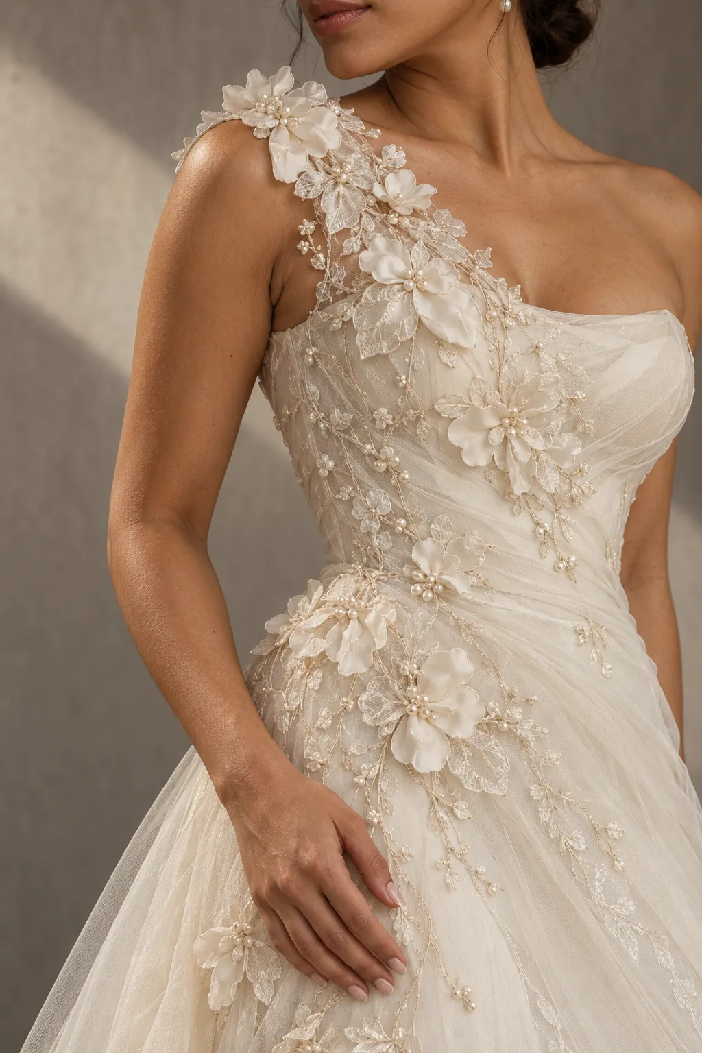 Latina bride wearing a textured wedding gown with floral appliqué embroidered tulle and pearl details