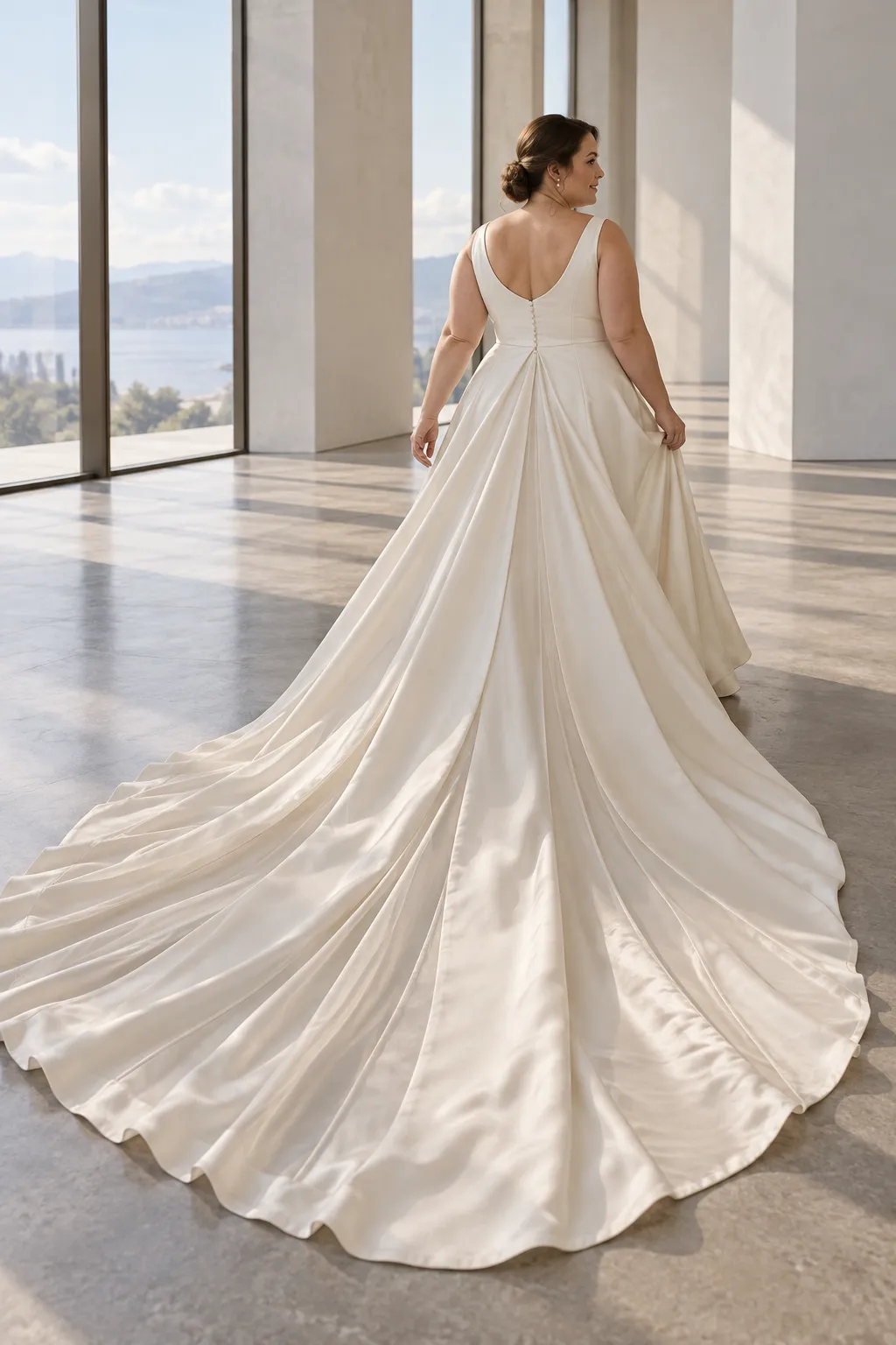 Plus-size bride wearing a wedding gown with a flowing cathedral train for bridal train and movement inspiration