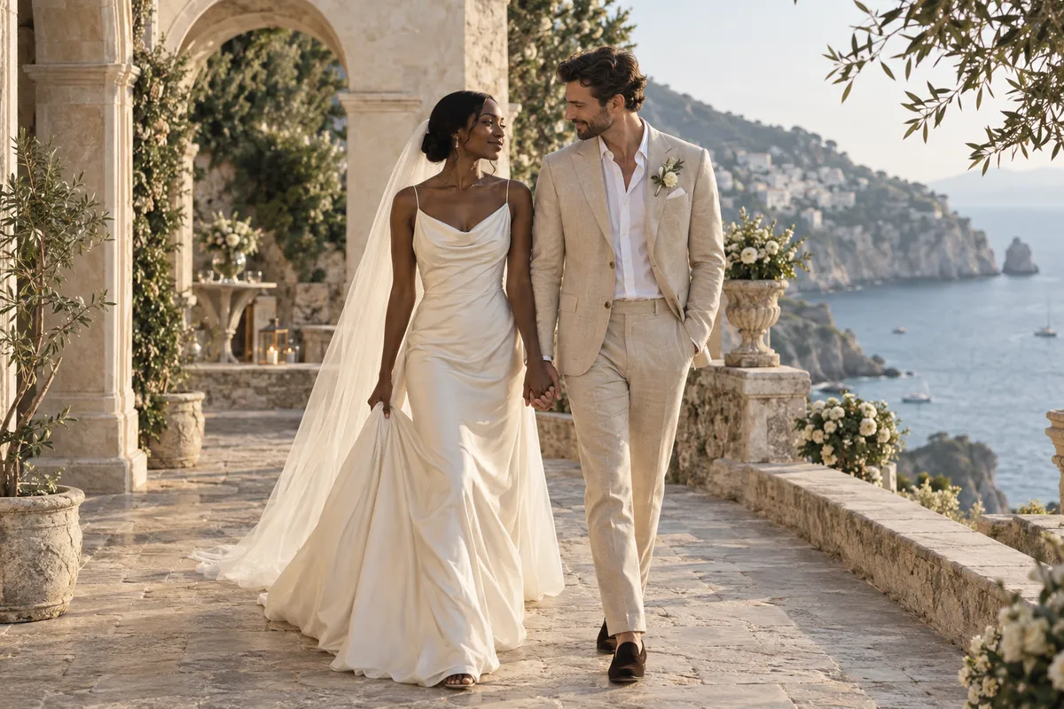 Interracial newlywed couple walking on a Mediterranean coastal terrace for luxury destination wedding inspiration
