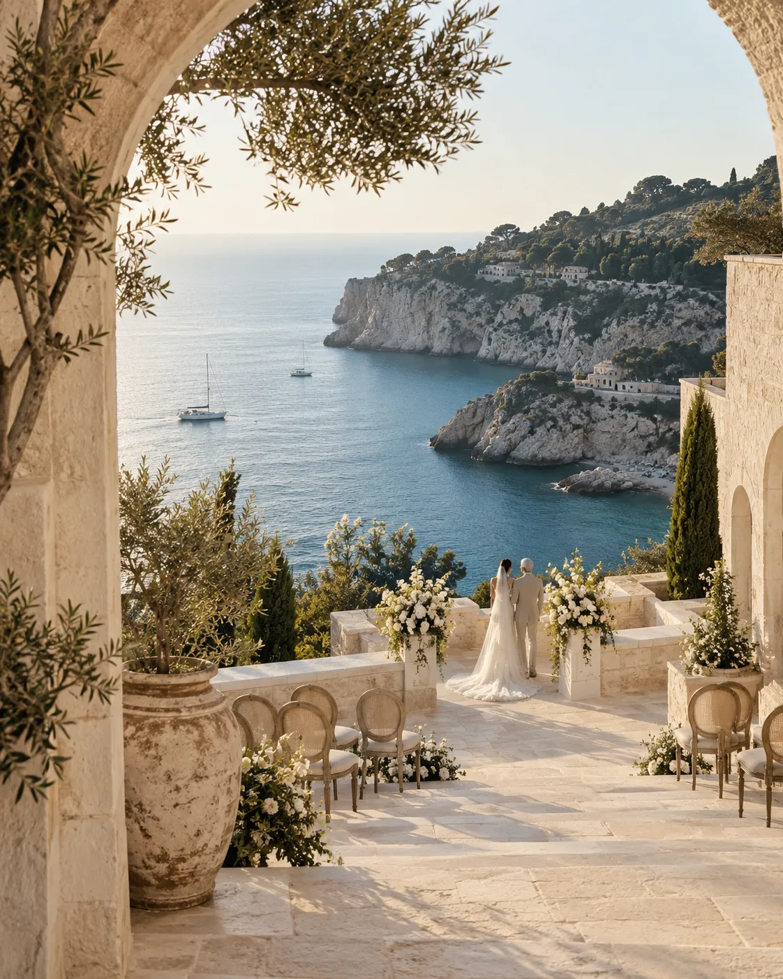 Mediterranean coastal ceremony terrace overlooking the sea for elegant destination wedding inspiration