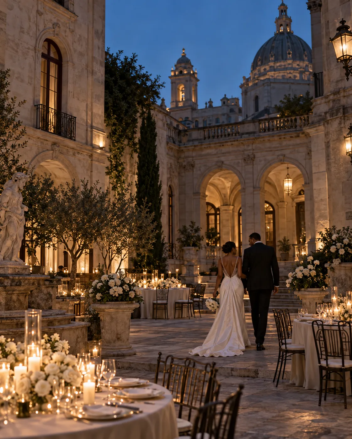 Elegant candlelit European courtyard celebration for luxury city destination wedding inspiration