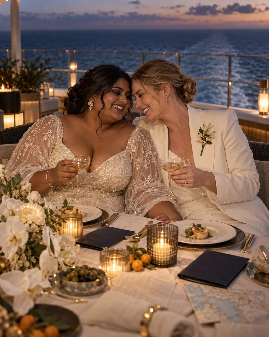 Newlywed couple enjoying an intimate candlelit wedding dinner aboard a cruise ship at sea.