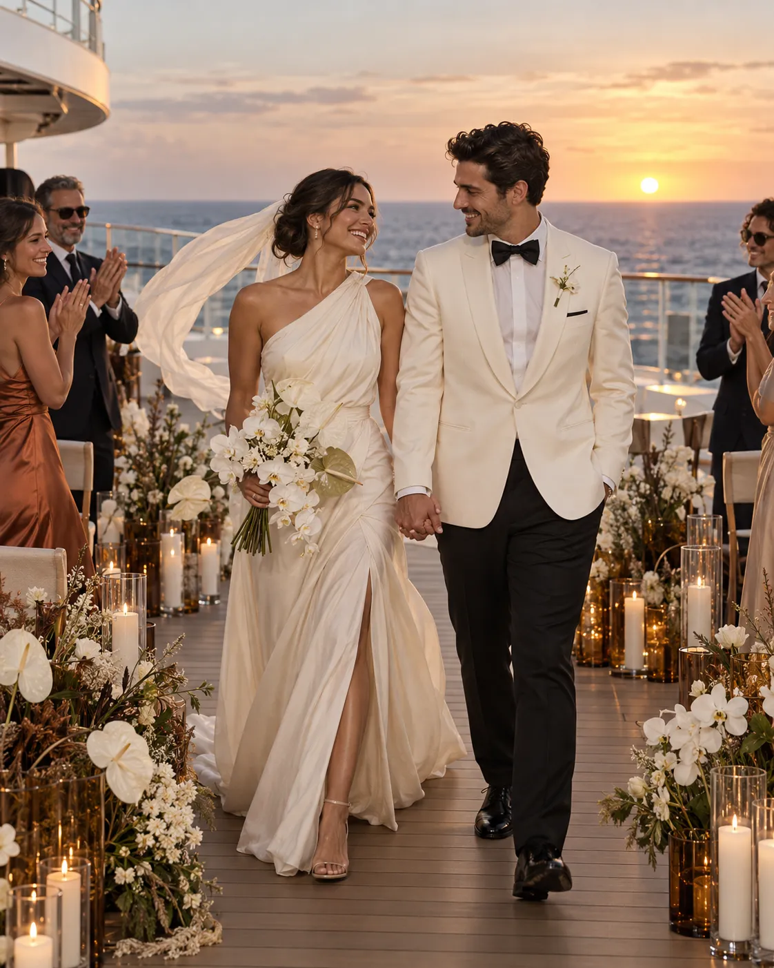 Elegant newlywed couple celebrating after a luxury cruise ship wedding ceremony at sunset.