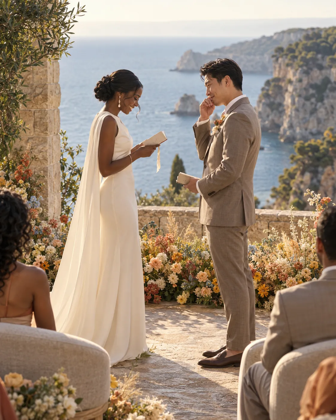 Destination wedding ceremony overlooking the sea with a couple exchanging vows in an elegant coastal setting.