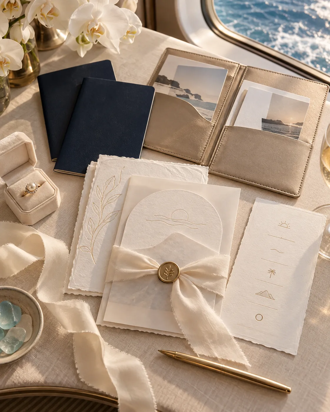 Elegant cruise wedding planning flat lay with navy travel documents, invitation stationery, keepsakes, and a champagne-gold pen.