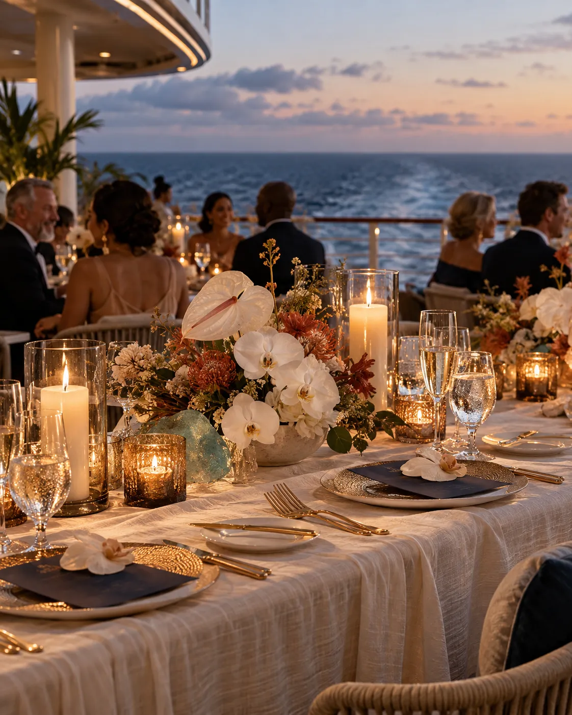 Luxury cruise wedding reception tablescape with candlelight, flowers, glassware, and an ocean sunset view.