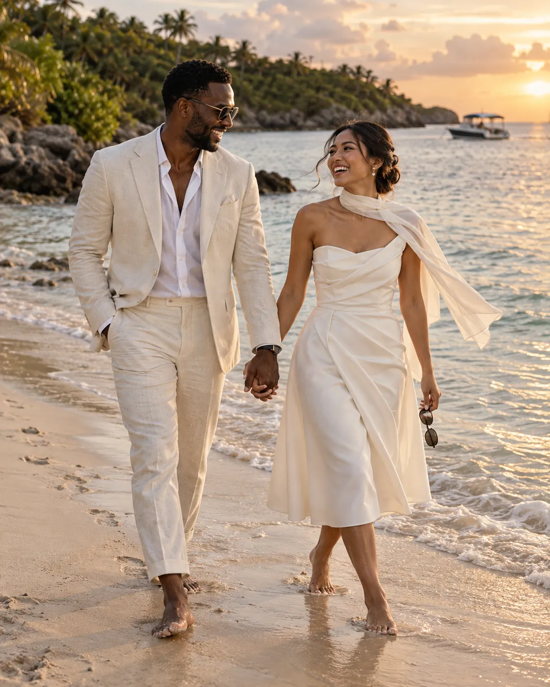 Diverse newlywed couple walking along a tropical shoreline after an elegant destination cruise wedding.