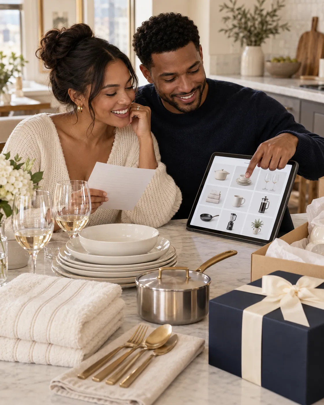 Engaged couple creating a wedding registry together using a tablet surrounded by dinnerware, cookware, linens, glassware, and an elegant navy gift box.