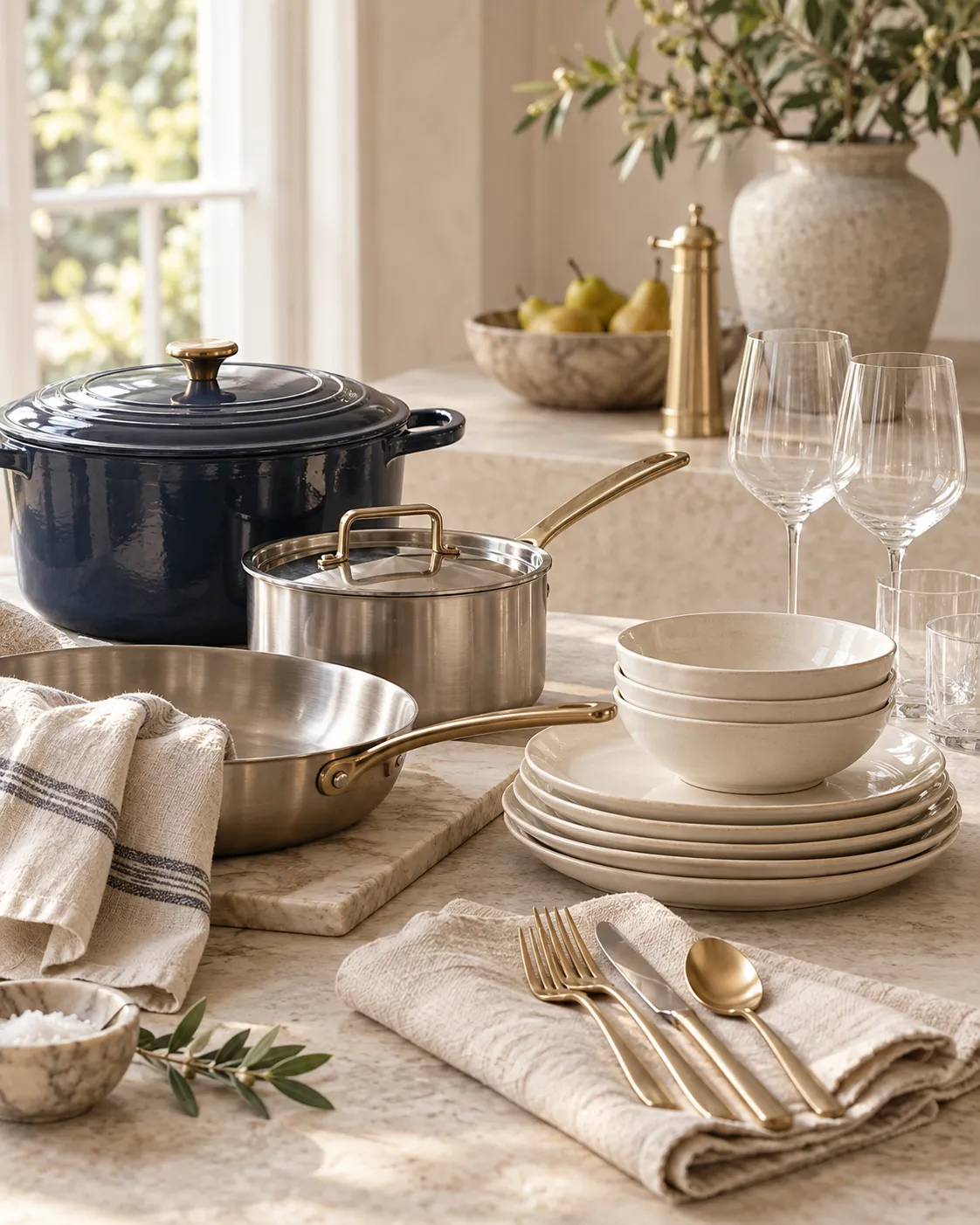 Elegant wedding registry essentials including cookware, ivory dinnerware, glassware, linens, and gold flatware.