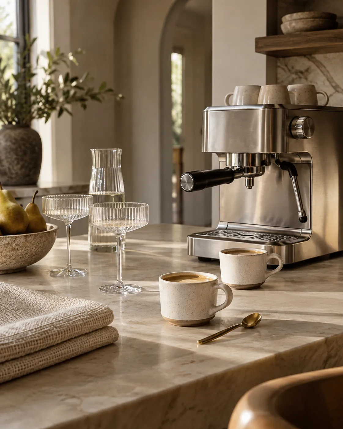 Elevated wedding registry ideas featuring an espresso machine, ceramic coffee cups, refined glassware, and textured neutral linens.