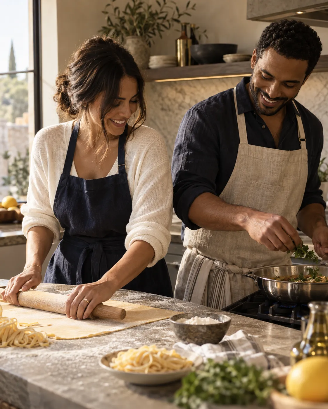Engaged couple enjoying a cooking experience together as an experience-based wedding registry idea.