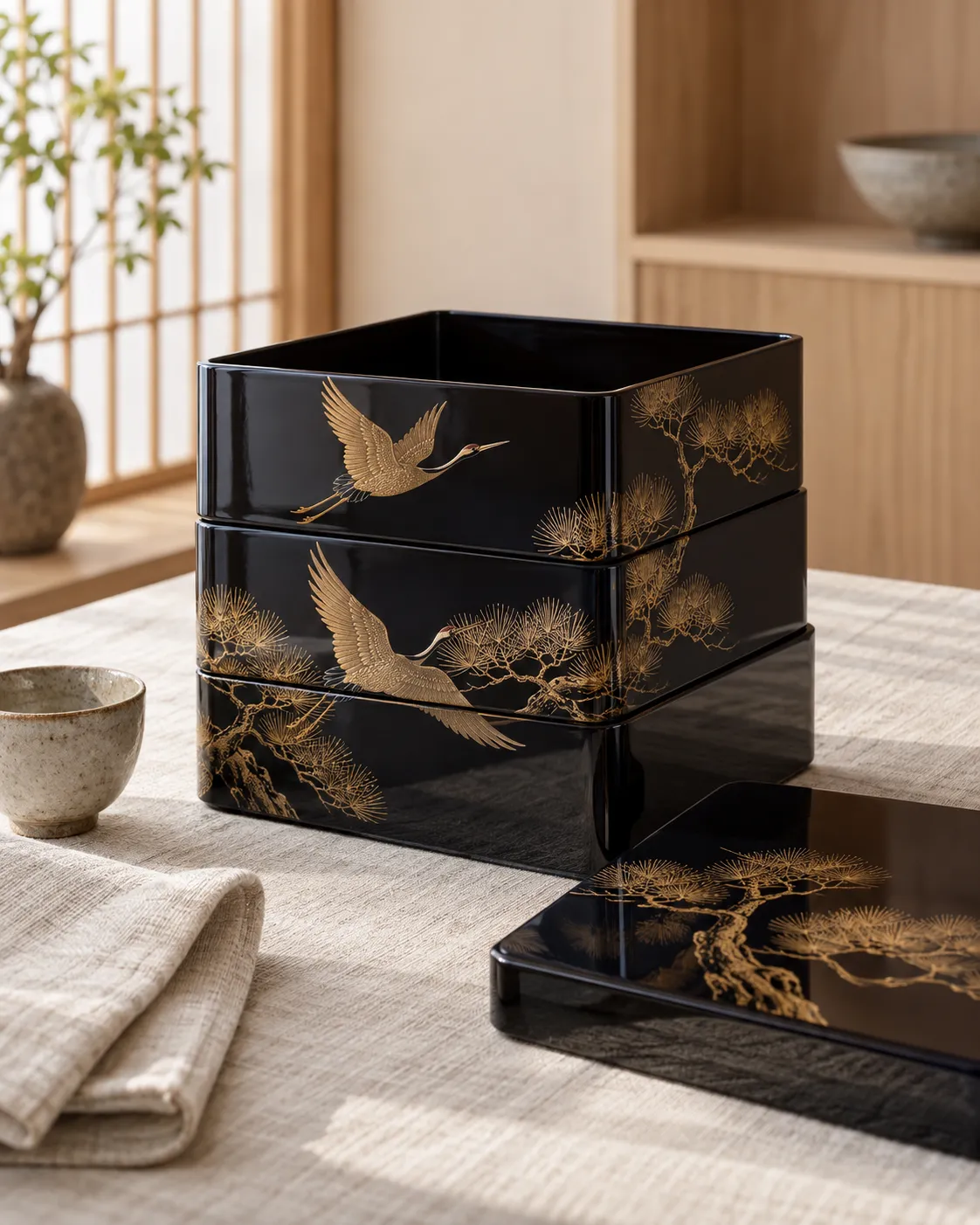 Traditional Japanese urushi lacquer jubako with gold crane and pine decoration, presented as an heirloom wedding registry keepsake.