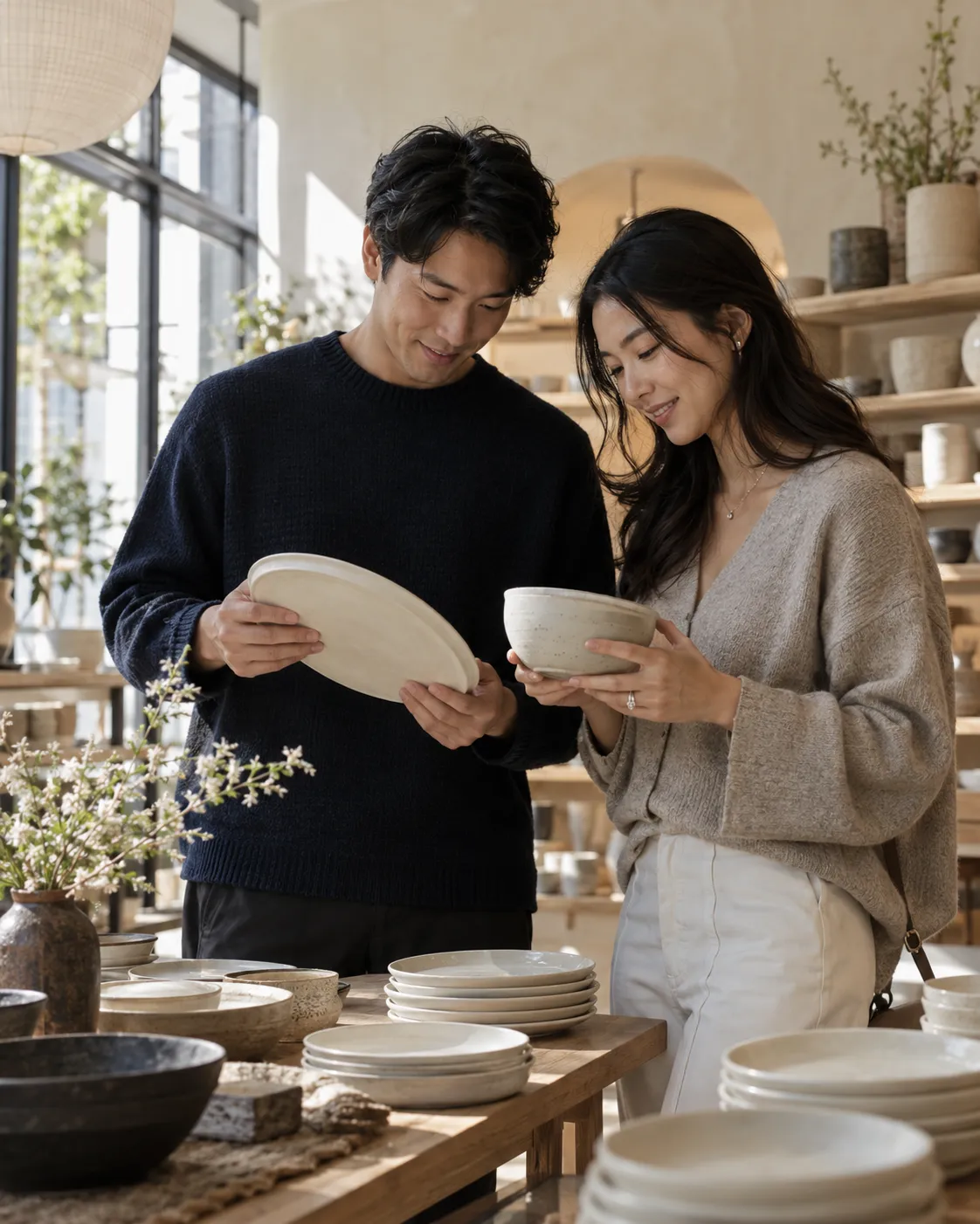 Engaged couple selecting handmade tableware for a thoughtful modern wedding registry.