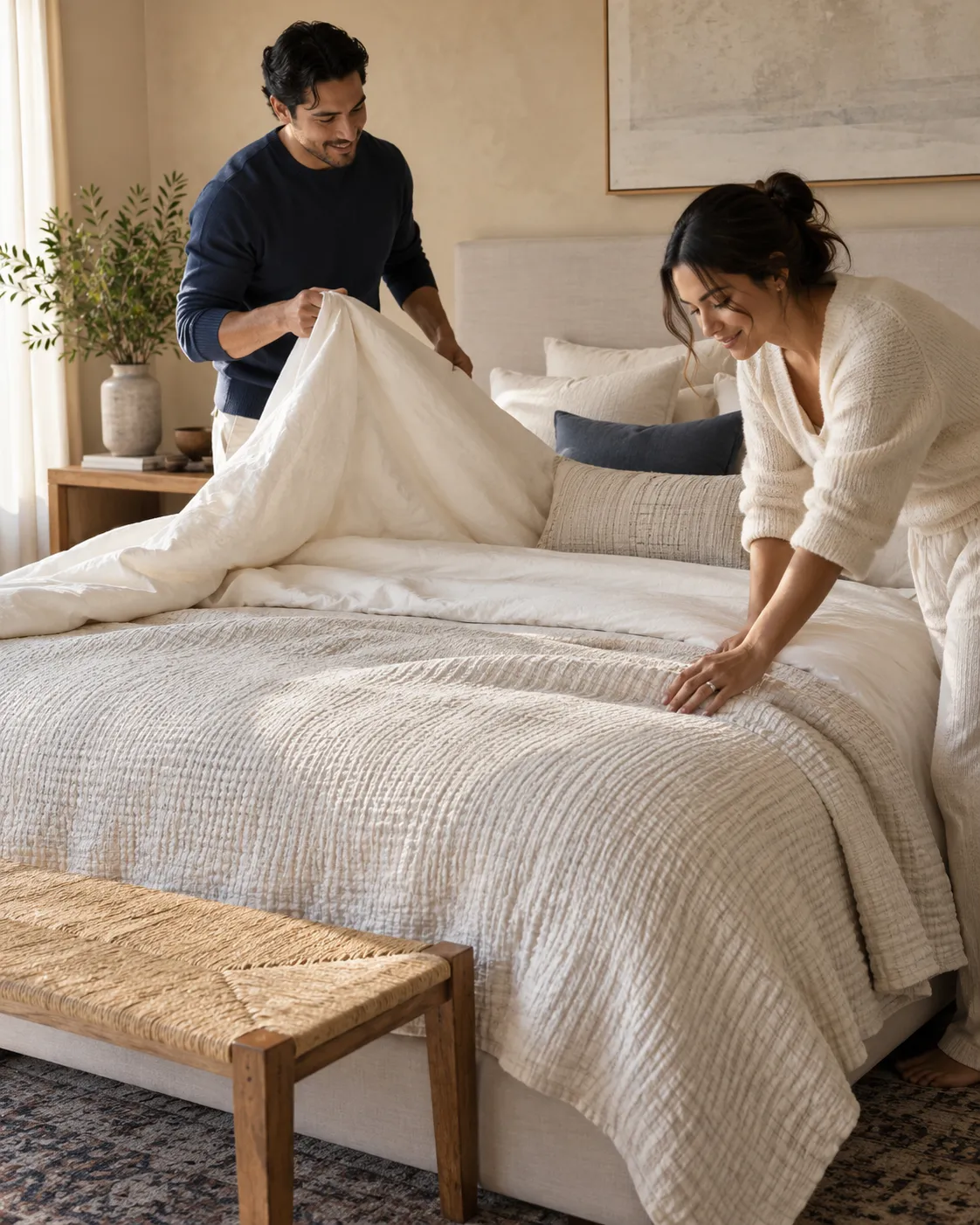 Engaged couple making their bed with heirloom-quality neutral linens as a thoughtful wedding registry upgrade.