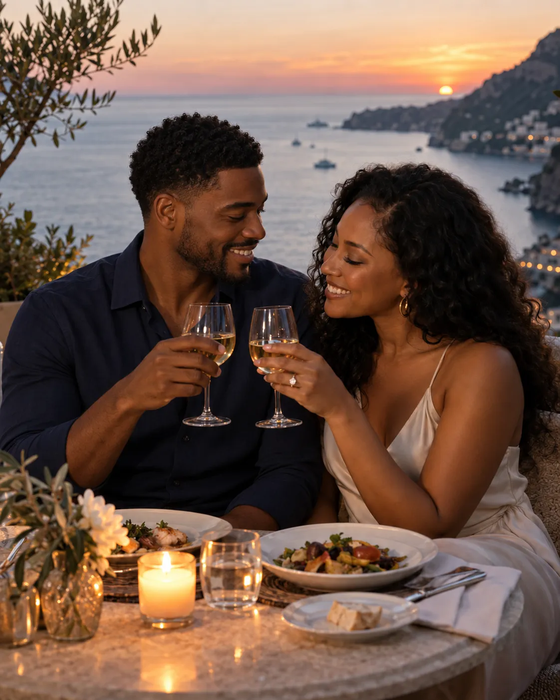Newly engaged Black couple enjoying a sunset coastal dinner as an experience-based wedding registry gift.