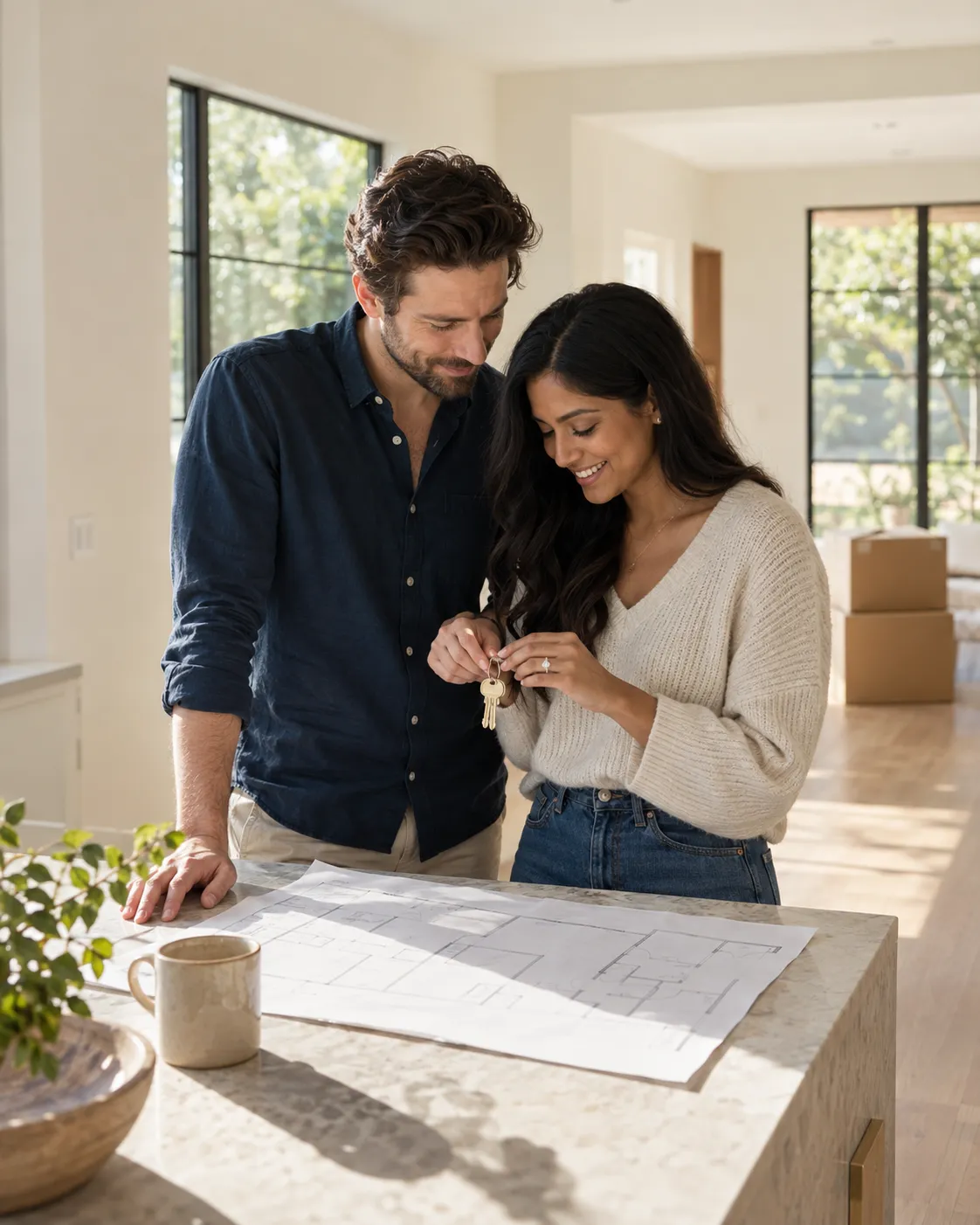 Newly engaged couple reviewing plans inside their first home, representing a future-home wedding registry fund.