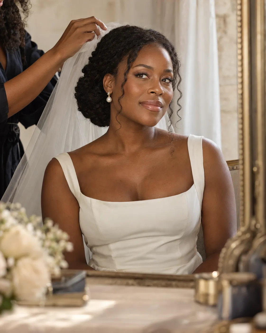 Black bride with natural textured hair in an elegant low updo as a stylist adjusts her veil in a warm bridal dressing suite.