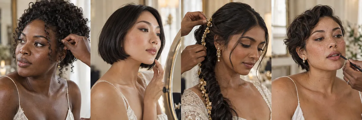 Four diverse brides preparing their wedding-day beauty looks, featuring natural curls, a sleek bob, a culturally adorned braid, and a softly waved pixie cut.