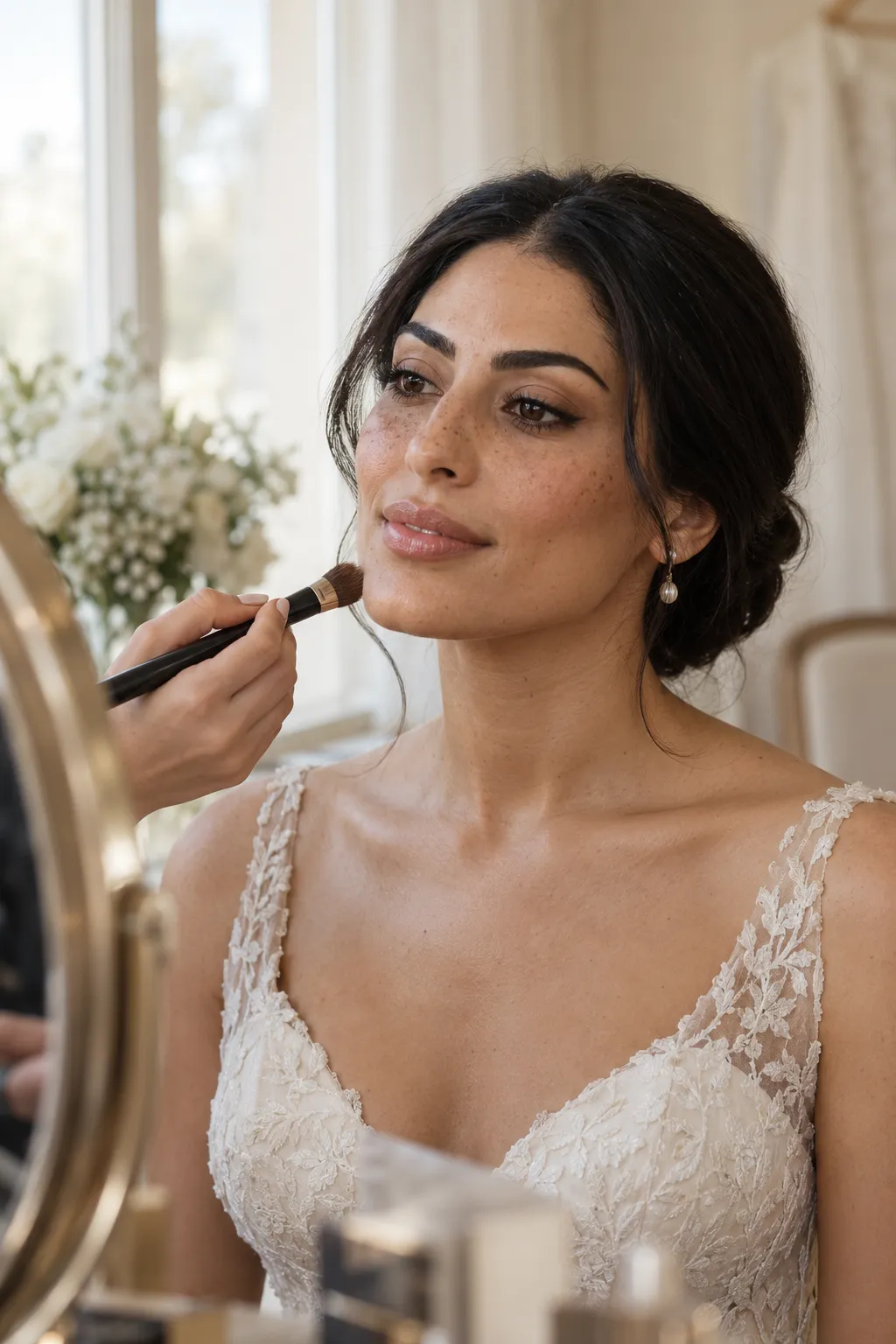 Middle Eastern bride with natural freckles and olive-toned skin receiving a subtle foundation shade match beside a softly lit mirror.