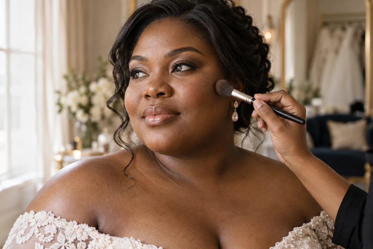 Deep-skinned Black bride with luminous natural complexion and visible skin texture receiving a subtle finishing touch from a makeup artist.