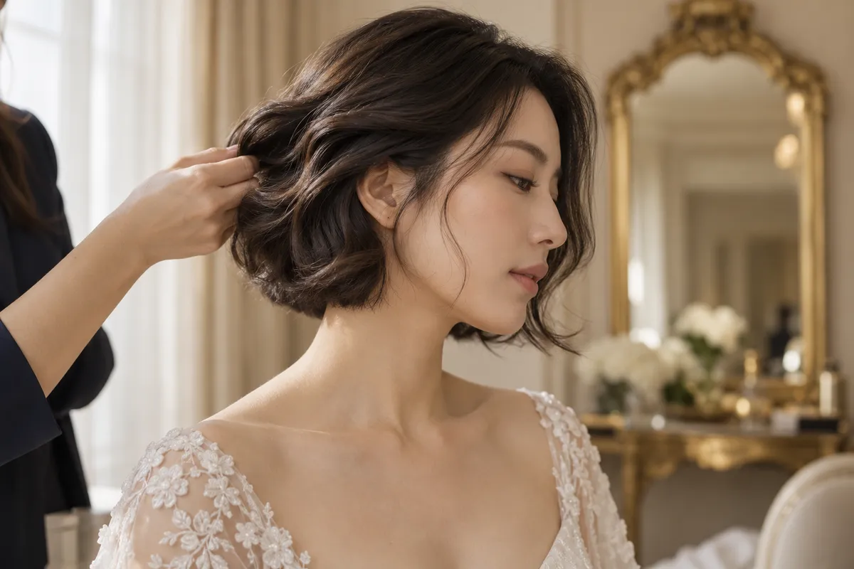East Asian bride with a softly sculpted short bridal hairstyle as a stylist adjusts the polished waves.