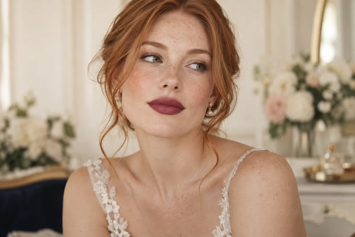 Freckled red-haired bride wearing natural complexion makeup and an elegant deep rose-berry lip.