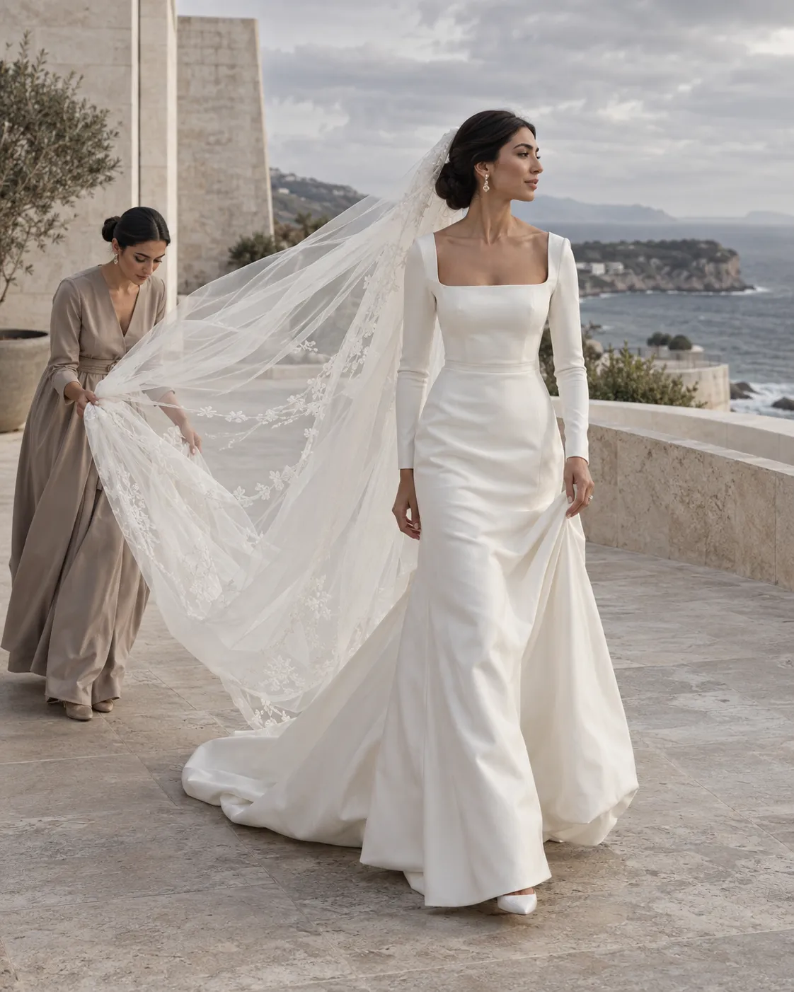 Middle Eastern bride having her veil secured on a windswept coastal wedding terrace.