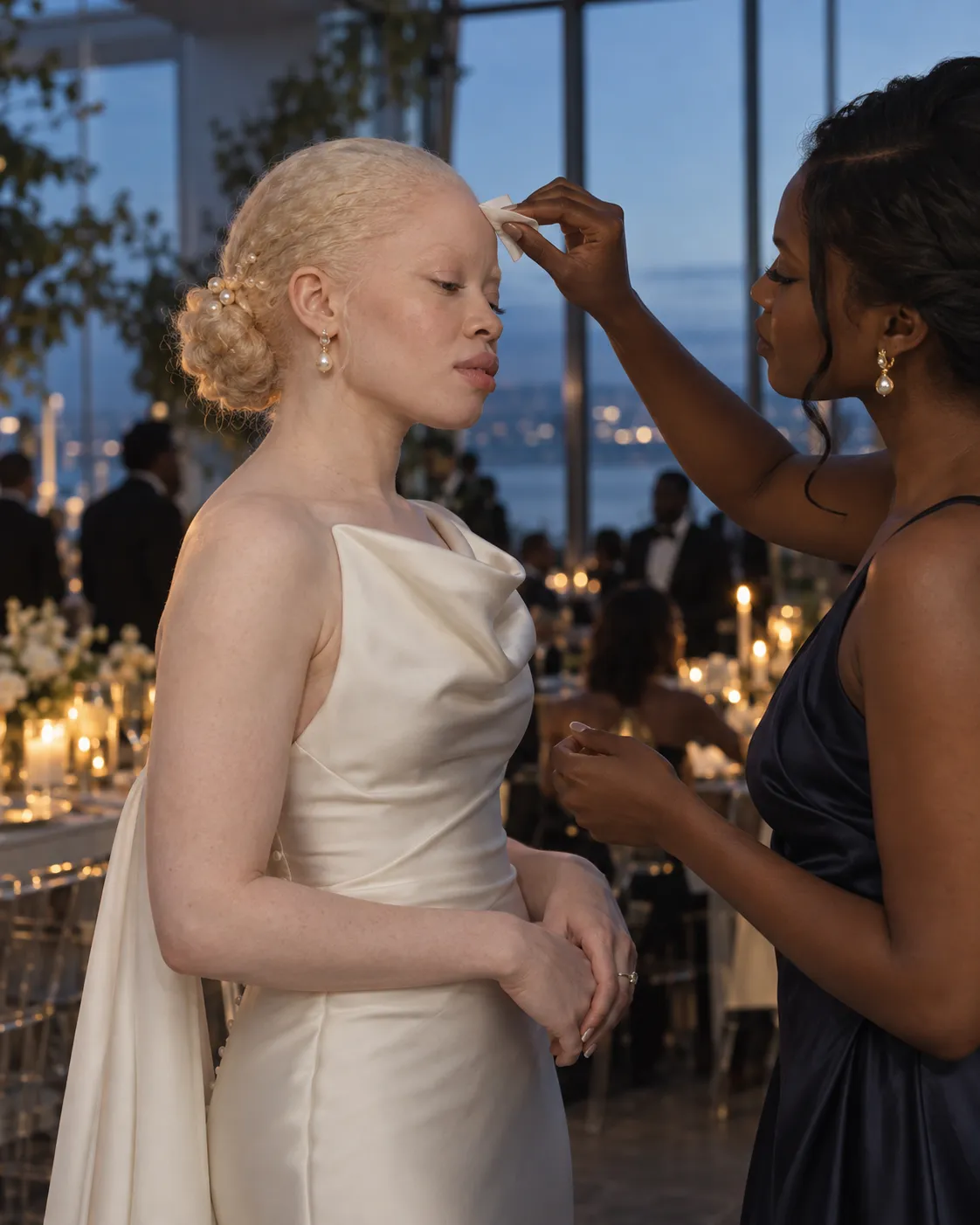 Bride with albinism receiving a gentle complexion touch-up during her evening reception.