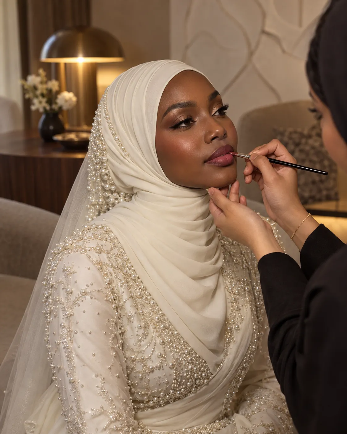 Black Muslim bride in an ivory pearl hijab receiving a precise lip-color refresh.