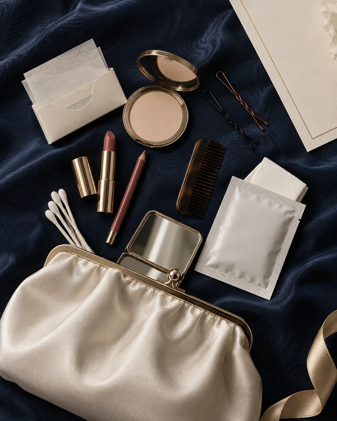 Luxury bridal touch-up kit arranged on deep navy silk with complexion, lip, and hair essentials.