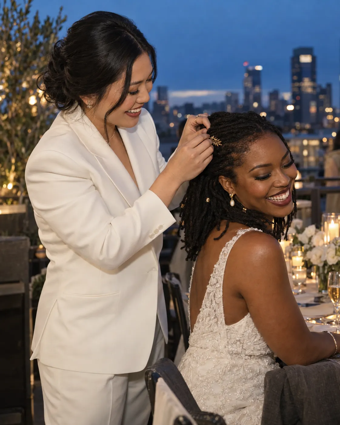 East Asian bride adjusting a gold hairpin in her Black wife’s locs during their rooftop reception.