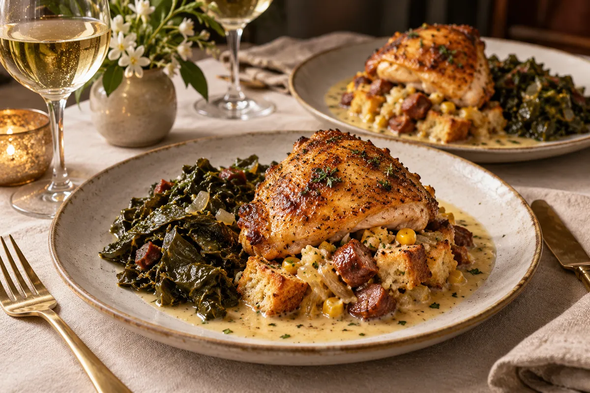 Poulet Tchoupitoulas for two with Creole-roasted chicken, andouille sweet-corn bread pudding, Southern greens and white-wine gravy.