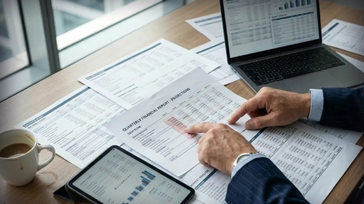 Business professional analyzing client profitability and cash flow metrics at executive desk