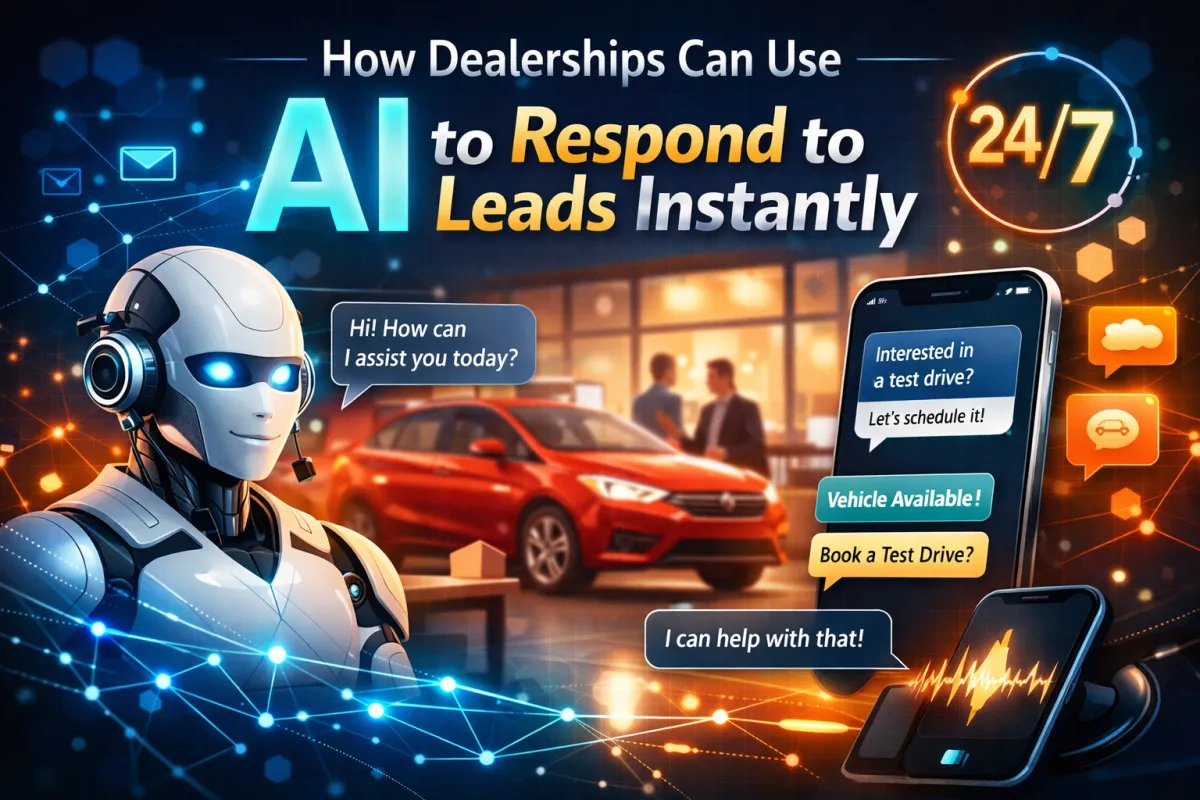 AI assistant responding instantly to car dealership leads through chat and messaging, helping dealerships capture customers and schedule test drives automatically.