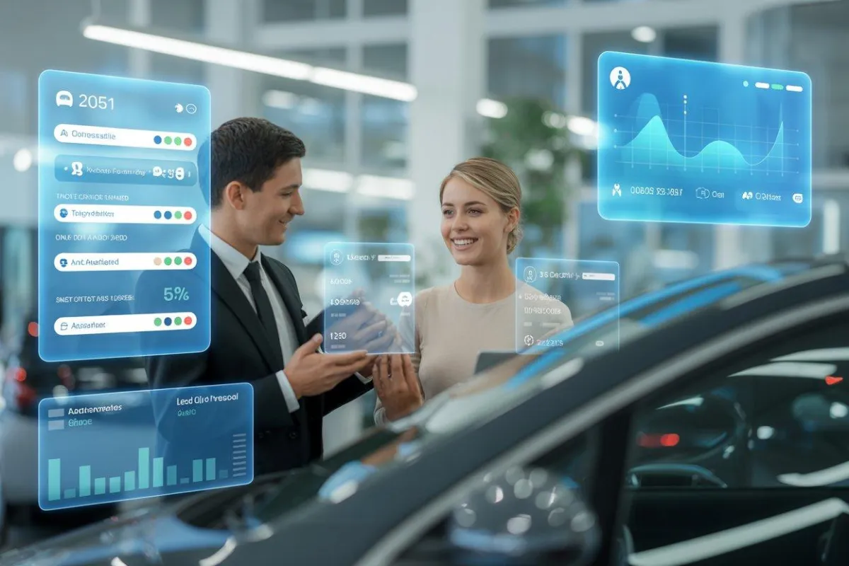 Car dealership using AI follow-up tools with digital dashboards, chatbots, and analytics to improve customer engagement and close more sales.