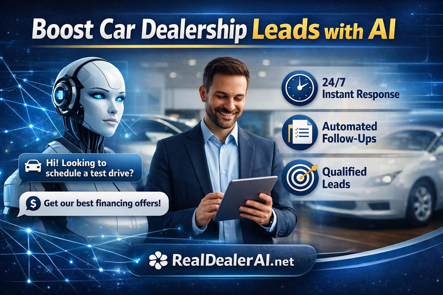 AI-powered car dealership lead generation system by RealDealerAI showing instant response, automated follow-ups, and qualified leads for automotive sales