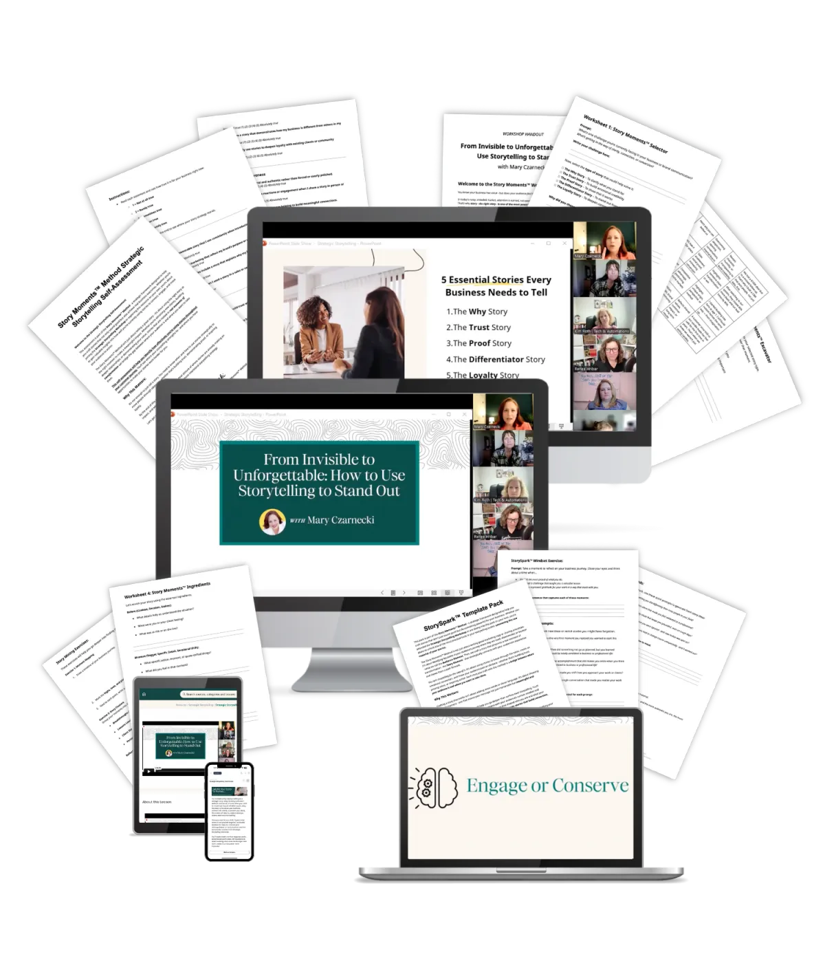 Digital course mockup showing desktop, tablet, and laptop screens featuring the Strategic Storytelling Workshop training, alongside printed worksheets, templates, and workbook pages included in the offer.