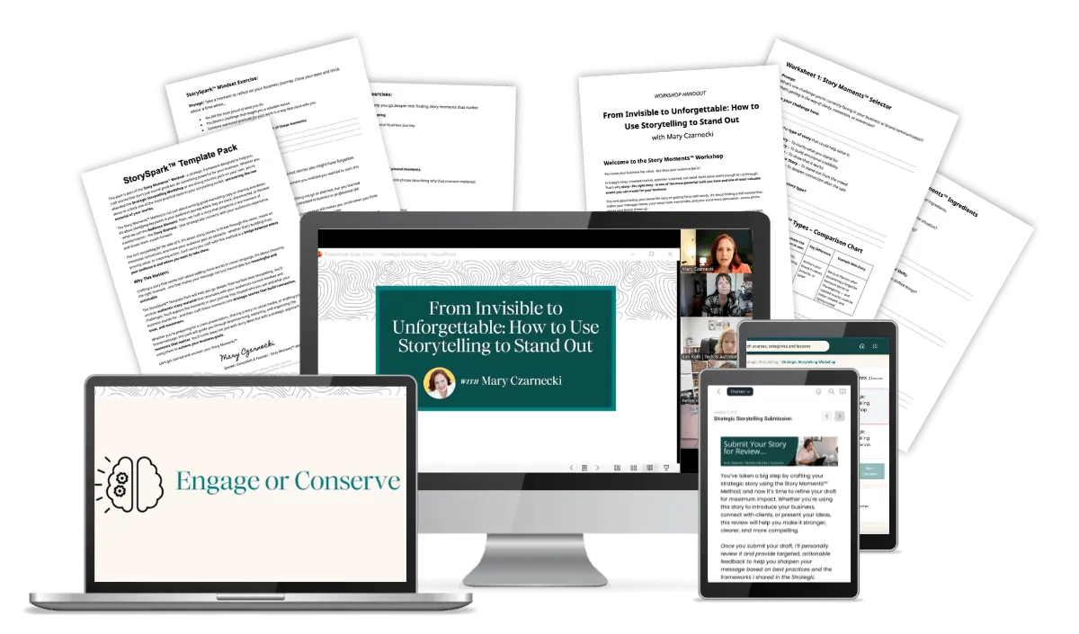 Digital course mockup showing desktop, tablet, and laptop screens featuring the Strategic Storytelling Workshop training, alongside printed worksheets, templates, and workbook pages included in the offer.