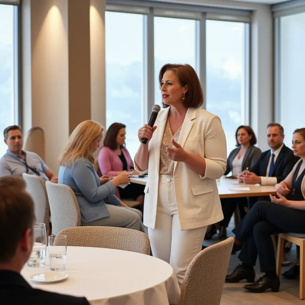 Mary Czarnecki leading a strategic storytelling workshop, presenting to a group of professionals seated at tables, with one participant raising their hand to ask a question.