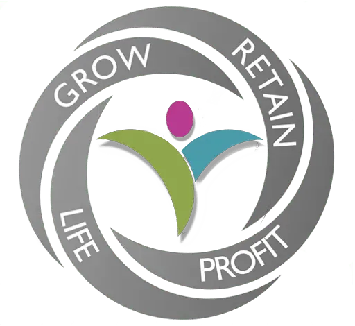 Health secrets business coaching logo with the words grow, retain, profit and life