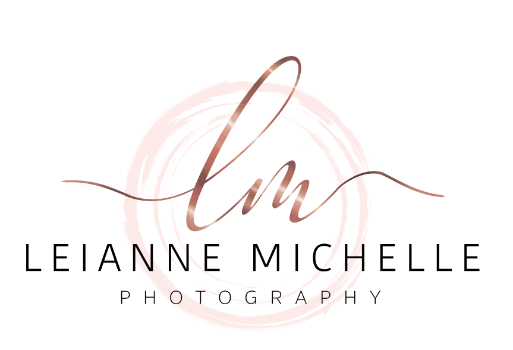 Leianne Michelle Photography logo featuring elegant rose-gold script initials ‘LM’ over a soft blush watercolor circle, with modern black uppercase text reading ‘LEIANNE MICHELLE PHOTOGRAPHY’ on a clean white background