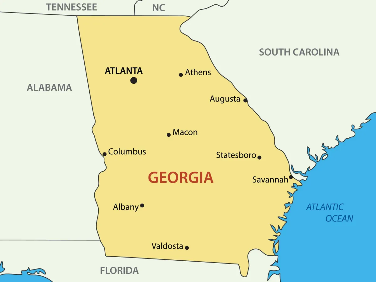 Map of Georgia showing major cities where The Stein Firm represents personal injury clients including Atlanta, Augusta, Savannah, Columbus, and Macon