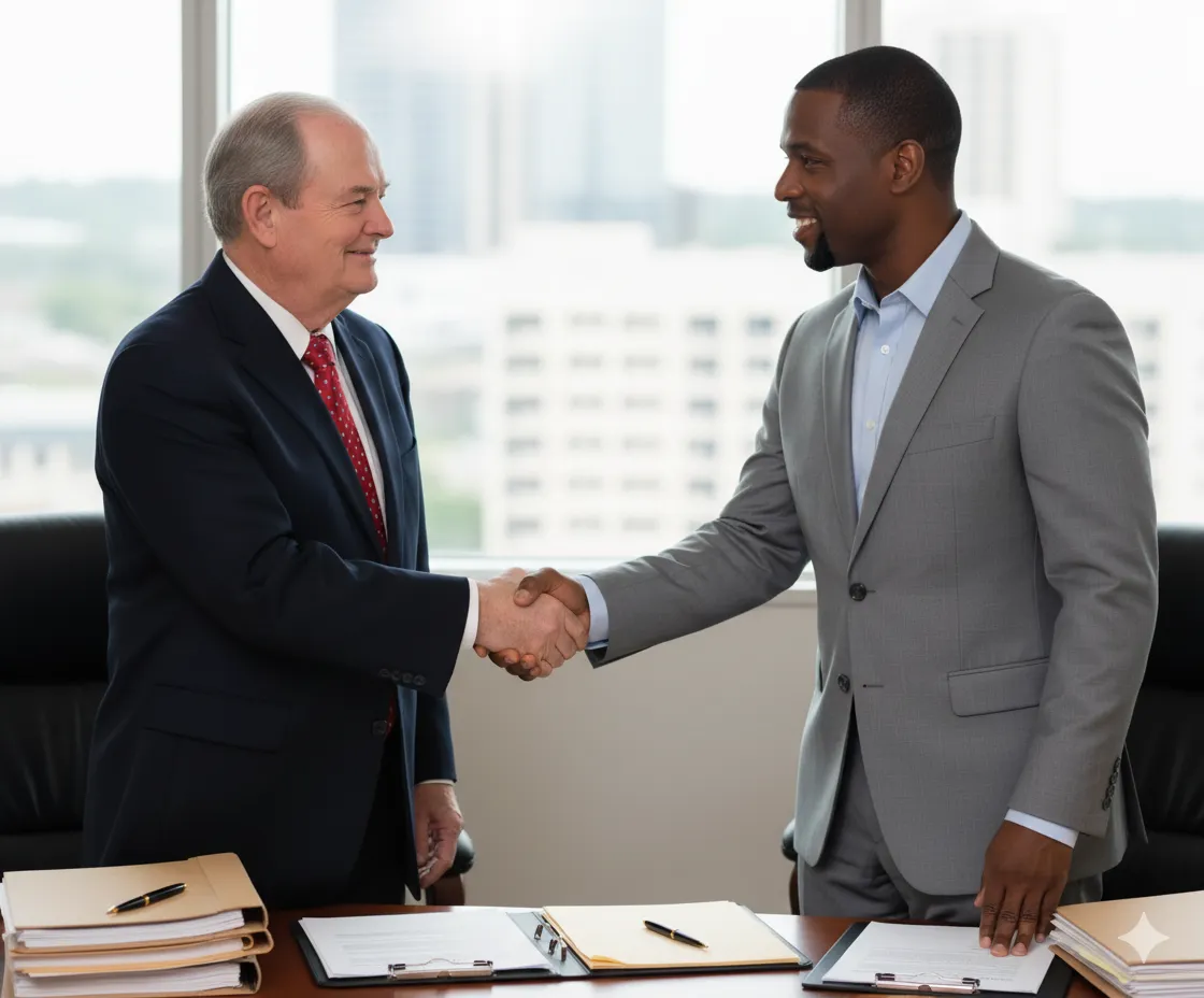 Bob Stein shaking hands with satisfied Georgia personal injury client after successful case resolution" Image of signed guarantee document