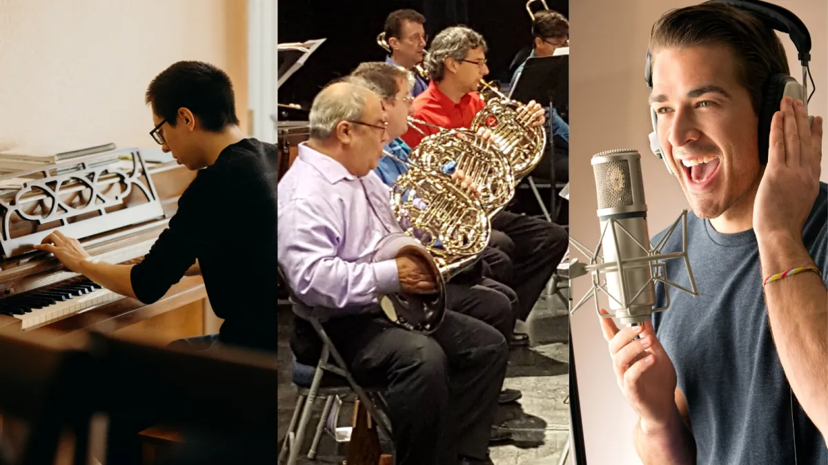 An adult, dressed in a colorful long sleeve and eyeglasses, sits attentively at a sleek digital keyboard, their fingers moving gracefully over the keys. The soft glow of a tilt light bathes the scene, casting an inviting, warm ambiance around them.