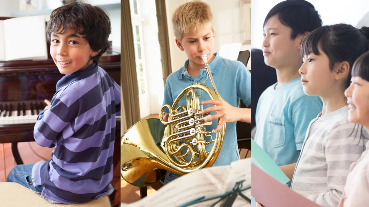 Two children playing an upright piano together, one focusing on the lower keys and the other on the higher ones. Both kids are smiling, engaged in playing, in a cozy room with warm lighting. The scene highlights the joy of collaborative music-making.