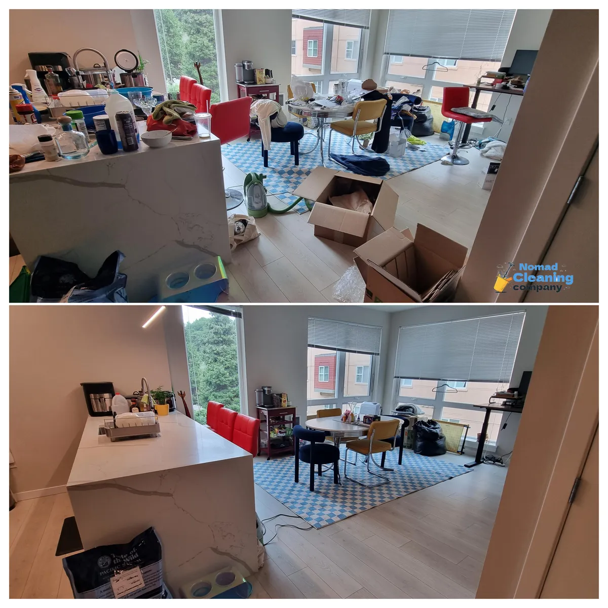 Before and after move-out cleaning of a living room and kitchen