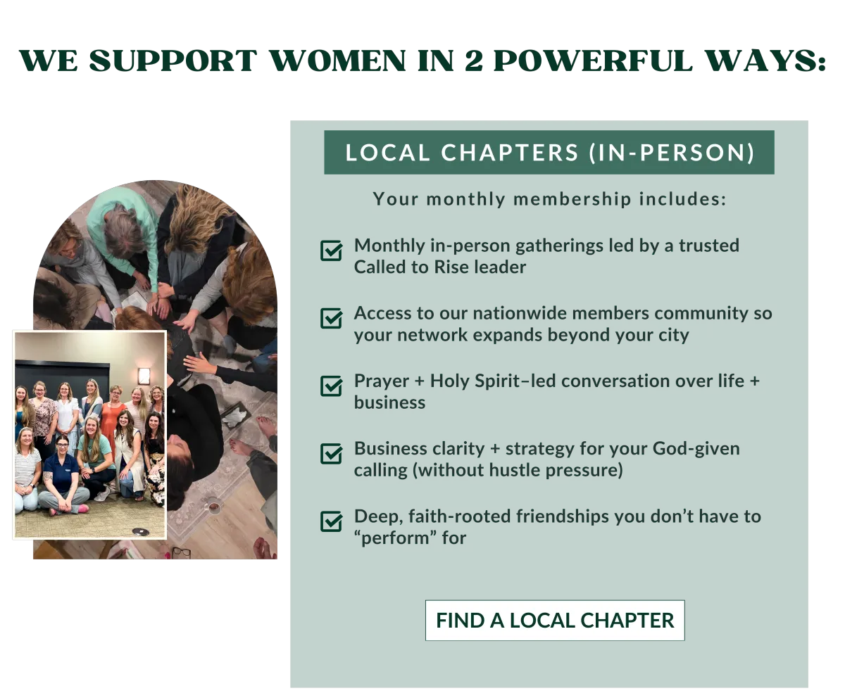 ✅ Monthly in-person gatherings led by a trusted Called to Rise leader ✅ Prayer + Holy Spirit–led conversation over life + business ✅ Clarity + strategy for your God-given calling (without hustle pressure) ✅ Deep, faith-rooted friendships you don’t have to “perform” for ✅ Access to our nationwide members community so your network expands beyond your city