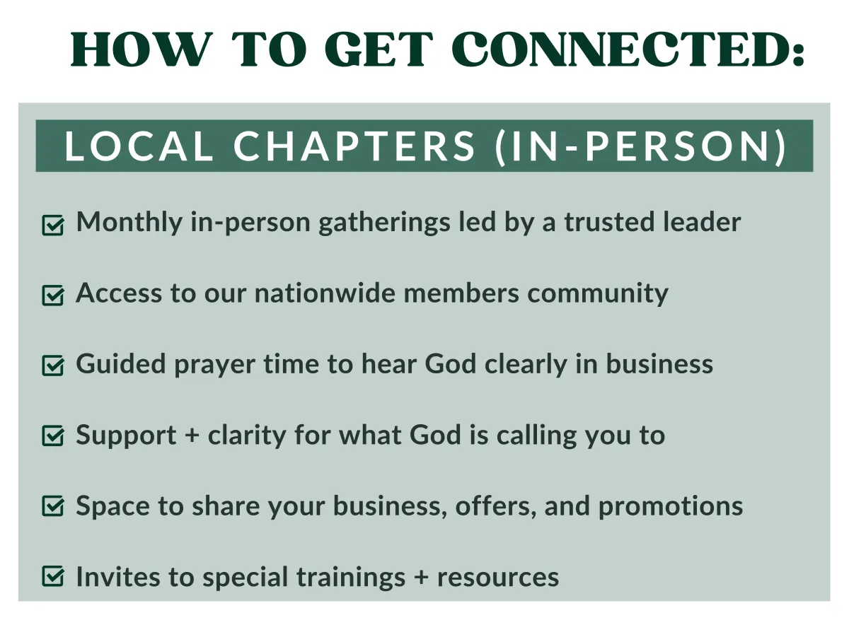 ✅ Monthly in-person gatherings led by a trusted Called to Rise leader ✅ Prayer + Holy Spirit–led conversation over life + business ✅ Clarity + strategy for your God-given calling (without hustle pressure) ✅ Deep, faith-rooted friendships you don’t have to “perform” for ✅ Access to our nationwide members community so your network expands beyond your city