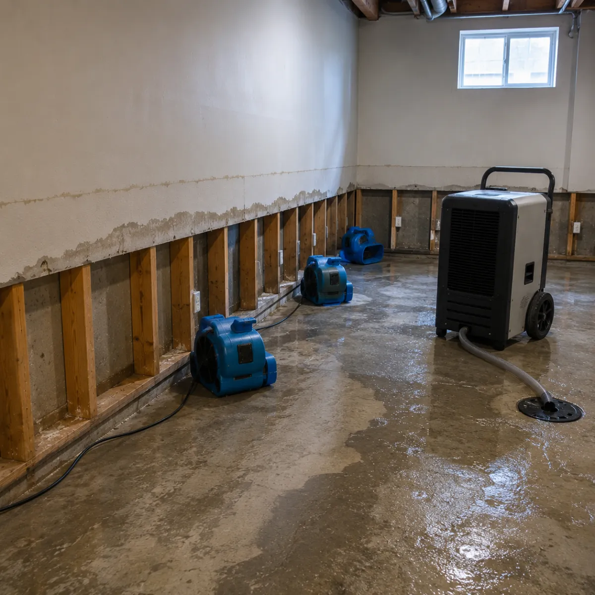 air movers and a dehumidifier drying a flooded basement in a Detroit home after a sump pump failure