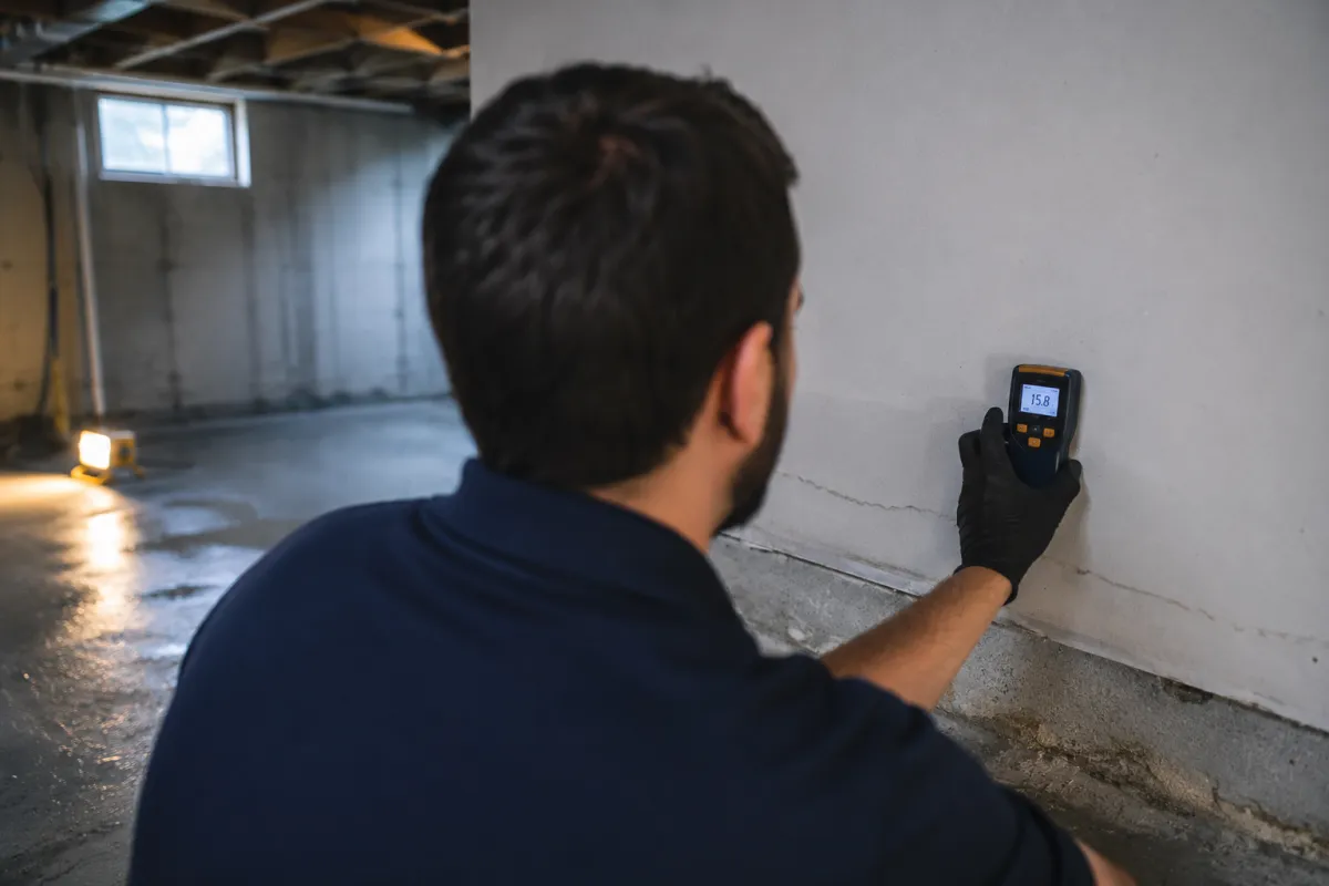 taking a moisture reading to find hidden water inside a wall in a Detroit home